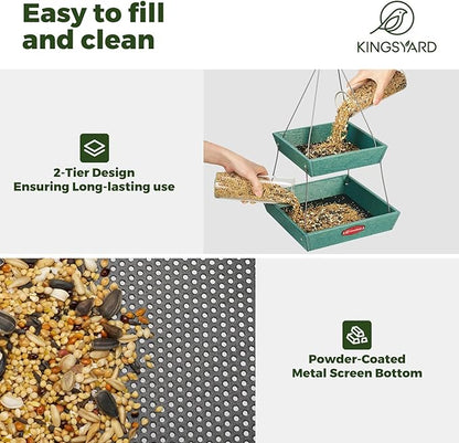 Kingsyard 2 Tier Platform Bird Feeders for Outdoors Hanging, 5 lbs Large Capacity Recycled Plastic Flat Mealworm Bird Feeder Tray, Garden Decoration Attracting Cardinal Blue Jay, Green