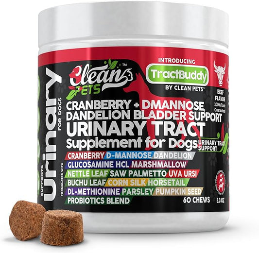 Cranberry for Dogs Urinary Tract Support | D-Mannose UTI Bladder Stones Dandelion Glucosamine HCL Marshmallow Nettle Leaf Saw Palmetto Uva Ursi Buchu Horsetail Methionine Parsley Supplement
