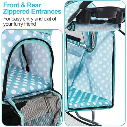 Dog Stroller for Small Dogs, Portable Pet Stroller for Cats Folding Puppy Stroller Lightweight Dog Cat Cage Jogger Stroller with Storage Basket and Cup Holder, 3 Wheels, Polka Blue