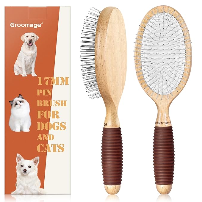Dog Brush for Shedding & Grooming - Dog Brush for Short & Long Haired Dogs 17mm Metal Pin Deshedding with Rubber Handle - Indoor Outdoor