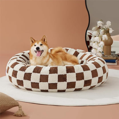 Lesure Donut Small Dog Bed - Round Cat Beds for Indoor Cats Anti-Anxiety Calming Pet Beds, Washable Cute Modern Beds with Teddy Sherpa Plush & Anti Slip Bottom Brown