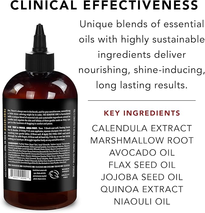 Pride and Groom The Sensitive One Dog Shampoo  All Natural Blend of Essential Oils & Gentle Ingredients for Puppies & Dogs with Sensitive Skin & Coats to Soothe and Regulate Skin & Follicles  16oz