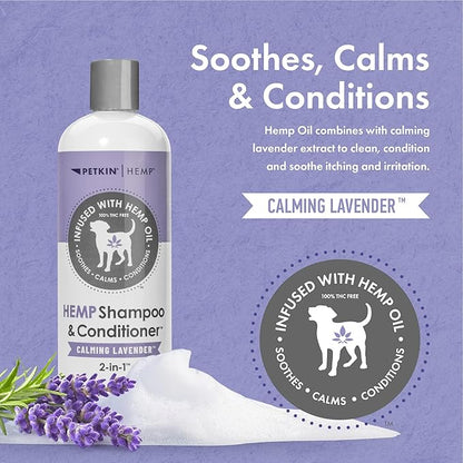 Petkin Hemp Shampoo & Conditioner for Dogs and Cats  with Hemp Oil & Calming Lavender Extract, 16 fl oz  Soothes, Calms & Conditions, Keeps Pet Smelling Great  for Home and Travel