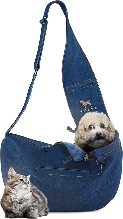 Noah & Paw Dog Sling Carrier for Small Dogs 5-18lb, Dog Sling for Small Dogs and Cats, Dog Carrier with Adjustable Padded Strap, Vegan Denim Lined with Fur, 3X Safety Features, Machine Washable