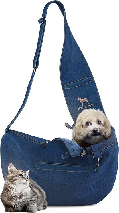Noah & Paw Dog Sling Carrier for Small Dogs 5-18lb, Dog Sling for Small Dogs and Cats, Dog Carrier with Adjustable Padded Strap, Vegan Denim Lined with Fur, 3X Safety Features, Machine Washable