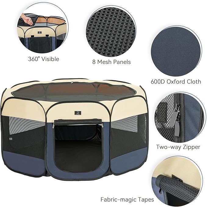 A4Pet Dog Playpen, Portable Pet Playpen, Pop Up Dog Playpen Indoor/Outdoor - Ideal for Dogs, Cats - Removable Zipper & Collapsible Travel Bowl