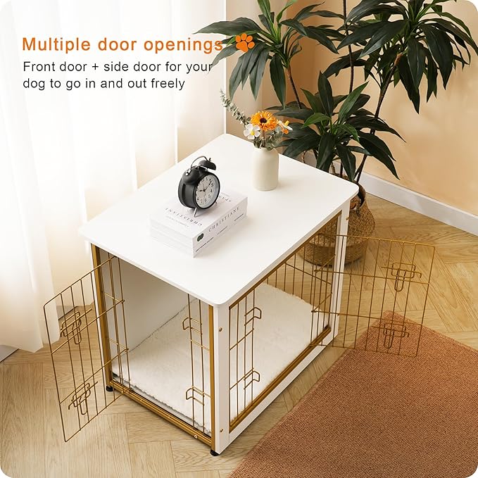 DWANTON Dog Crate Furniture with Cushion, Wooden Dog Crate with Double Doors, Dog Furniture, Dog Kennel Indoor for Small/Medium/Large Dogï¼_nd Table, Small, 27.2" L, White