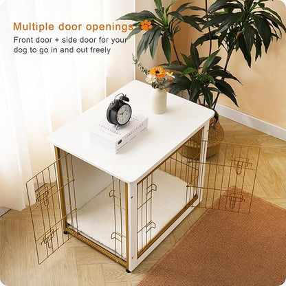DWANTON Dog Crate Furniture with Cushion, Wooden Dog Crate with Double Doors, Dog Furniture, Dog Kennel Indoor for Small/Medium/Large Dogï¼_nd Table, Small, 27.2" L, White