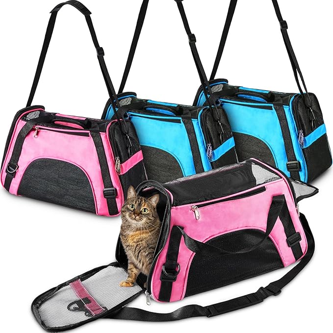 Sweetude 4 Pcs Cat Carrier Soft Pet Carrier for Cat Under 13lbs, 16.9X 11x 7.5 Inch, Soft Sided Foldable Comfortable Portable Carrying Bag for Cat Small Dog Pet Travel (Rose Red, Blue)