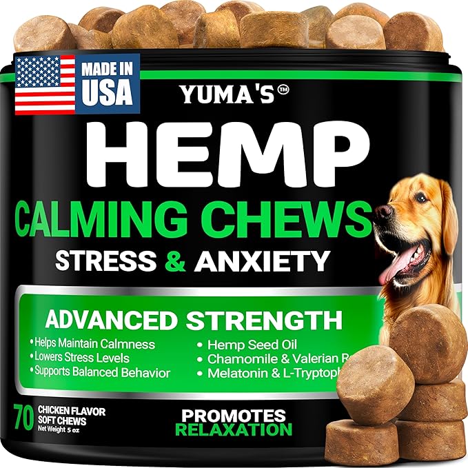 YUMA'S Advanced Calming Chews for Dogs - Hemp Dog Calming Chews - 70 Treats - Anxiety Relief Treats - Hemp Oil - Separation Aid, Stress, Hip and Joint Supplement for Canine Health Support