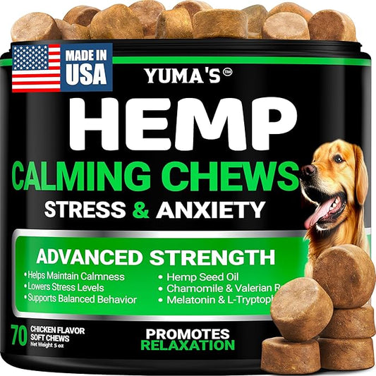 YUMA'S Advanced Calming Chews for Dogs - Hemp Dog Calming Chews - 70 Treats - Anxiety Relief Treats - Hemp Oil - Separation Aid, Stress, Hip and Joint Supplement for Canine Health Support