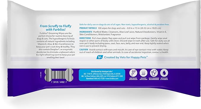 Vetnique Labs Furbliss Hygienic Pet Wipes for Dogs & Cats, Cleansing Grooming & Deodorizing Hypoallergenic Thick Wipes with All Natural Deoplex Deodorizer (Unscented, 100ct Pouch)