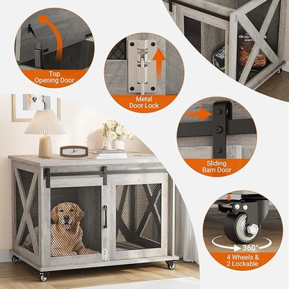 Dog Crate Furniture with Sliding Barn Door,Flip Top Furniture Style Dog Crate End Table with Wheels,Indoor Dog Kennel Furniture with Removable Divider,Dog House,Grey