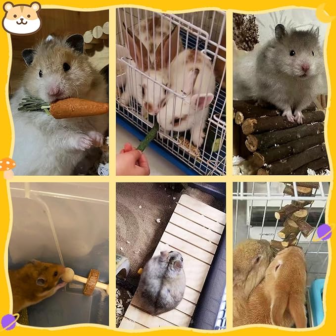 18 PCS Hamster Chew Toys Set, Natural Apple Wood Guinea Pig Toys, Hamster Cage Accessories Include Bridge, Seesaw, Carrot, Timothy Straw Stick Dental Care for Rat Gerbil Chinchilla Rabbits