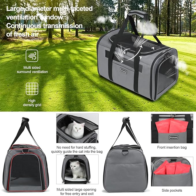 Cat Travel Carrier - Foldable Dog Carrier Bag, Soft-Sided Pet Bag up to 20 Lbs,Pet Carrier Soft-Sided Escape Proof with 4 Ventilated Windows, Airline Approved Travel Puppy Carrier (Black)