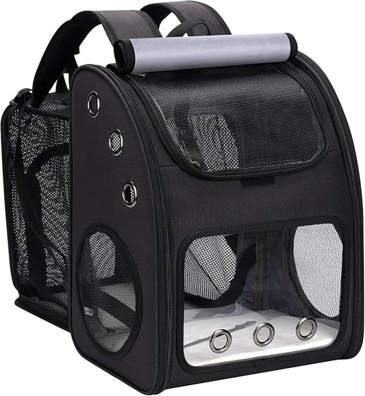 Expandable Cat Carrier Backpack for Cats, Dogs and Small Animals, Portable Pet Travel Carrier, Super Ventilated Design, Airline Approved, Ideal for Traveling/Hiking/Camping, Black
