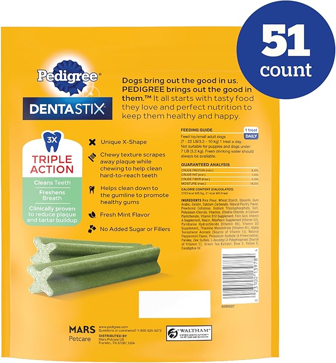 Pedigree Dentastix Small and Toy Breed Dog Treats, Fresh Flavor, 12.31 oz. Bag (51 Treats)