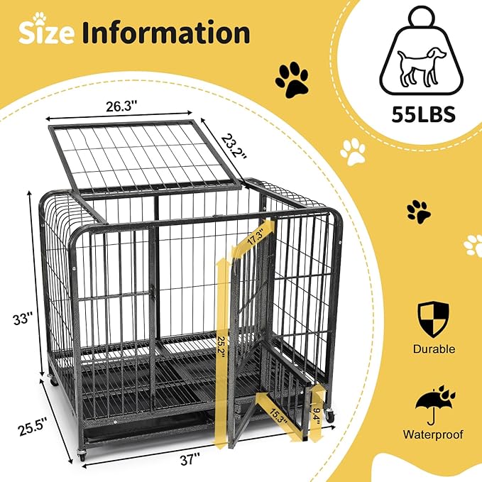 36 Inch Dog Cage for Medium Size Dogs, Heavy Duty Dog Crate with Removable Tray, Metal Dog Kennel Indoor Escape Proof, High Anxiety Crate with Double Doors, Lockable Wheels