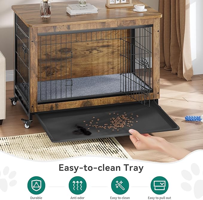 YITAHOME YITAHOME Dog Kennel Furniture with Wheels, Wooden Dog Crate Furniture with Cushion, Dog Crate End Table with Tray, 38" Dog Cage with Double Doors for Small/Medium Dog (Rustic Brown)