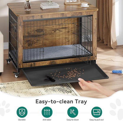 YITAHOME YITAHOME Dog Kennel Furniture with Wheels, Wooden Dog Crate Furniture with Cushion, Dog Crate End Table with Tray, 38" Dog Cage with Double Doors for Small/Medium Dog (Rustic Brown)
