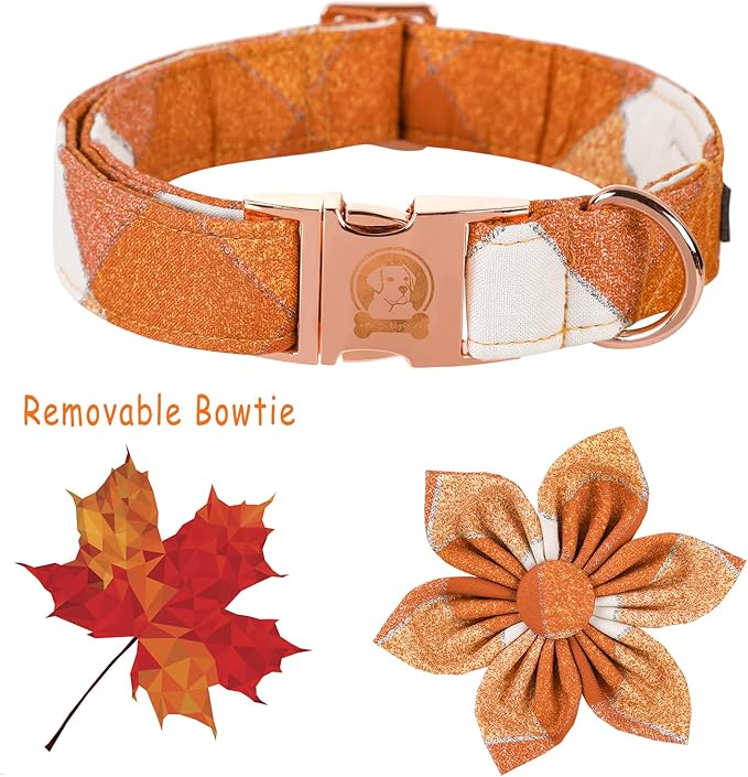 Fall Dog Collar with Flower, Orange Plaid Flower Dog Collar, Boy Girl Dog Collars for Small Medium Large Dogs