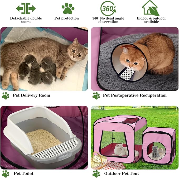 Royizen Puppy Cat Tent Playpen Foldable Waterproof Dog Crate Kennel Indoor Outdoor Portable Playpen Kitten and Small Pets Pop Up Kennel Cat Travel Carrier with Litter Box Enclosure, Pink