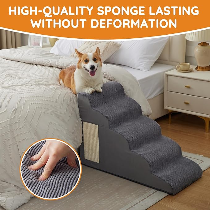 Dog Steps for Bed, Dog Stairs for Small Dogs, 4-Step Dog Ramp for Bed, Couch, Sofa, and Chairs, Non-Slip Bottom Design, Cat Scratching, High Density Foam Portable Pet Step, Indoor, Grey