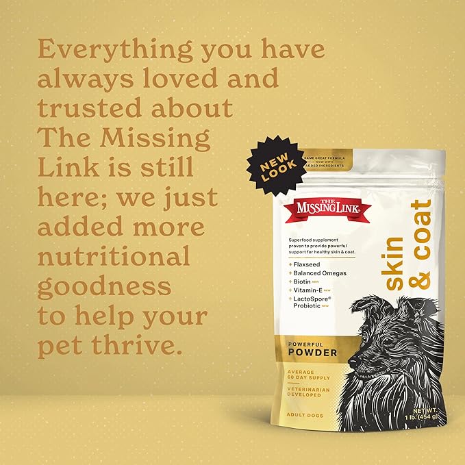 The Missing Link Skin & Coat + Probiotics Supplement 1lb Bag - Powerful Superfood Powder for Dogs Supports Healthy Skin & Glossy Coat, Promotes Hair Growth