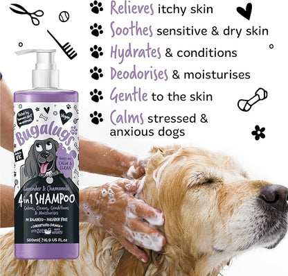 Dog Shampoo by Bugalugs Lavender & Chamomile 4 in 1 Dog Grooming Shampoo Products for Smelly Dogs with Fragrance, Best Puppy Shampoo, Vegan pet Shampoo & Conditioner