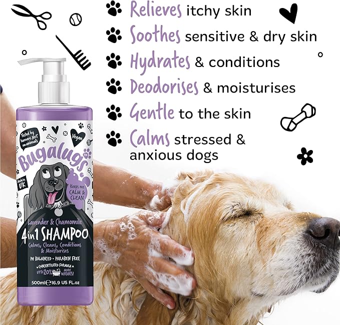 Dog Shampoo by Bugalugs Lavender & Chamomile 4 in 1 Dog Grooming Shampoo Products for Smelly Dogs with Fragrance, Best Puppy Shampoo, Vegan pet Shampoo & Conditioner