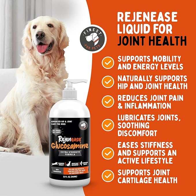 Rejenease Liquid Glucosamine for Dogs with Chondroitin, MSM & Hyaluronic Acid  Finest For Pets Hip & Joint Supplement for Dog Joint Support, Mobility, Stiffness & Pain Relief (32 oz, Made in USA)