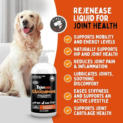 Rejenease Liquid Glucosamine for Dogs with Chondroitin, MSM & Hyaluronic Acid  Finest For Pets Hip & Joint Supplement for Dog Joint Support, Mobility, Stiffness & Pain Relief (32 oz, Made in USA)