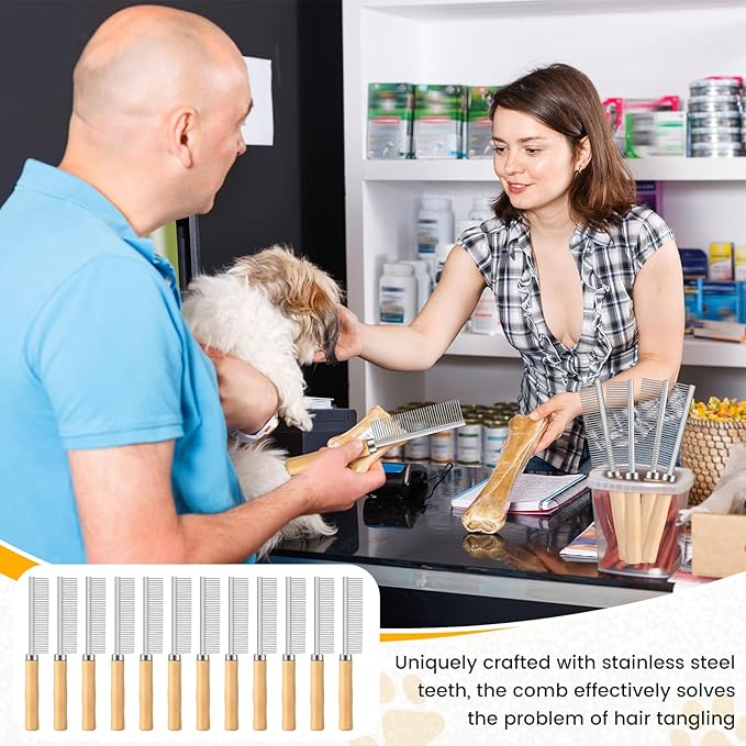 6 Pcs Grooming Comb bulk for Dogs Cats with Wooden Handle Pet Grooming Comb Smooth Teeth Tips Stainless Steel Detangling Matted Hair