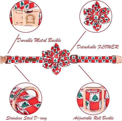 MR. CHUBBYFACE Christmas Dog Collar with Flower, Adjustable Christmas Tree Dog Collar with Metal Buckle, Cute Durable Cotton Boy Girl Dog Collars for Small Medium Large Dogs