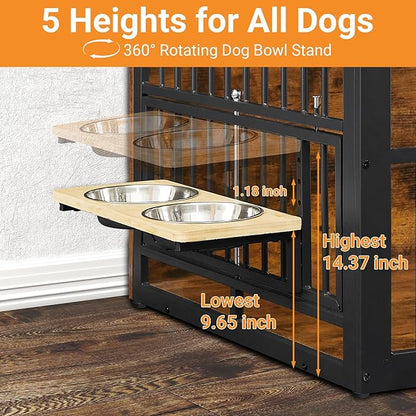 Dog Crate Furniture, 48 Inch Dog Kennel Furniture, Wooden Dog Crate Furniture Large Breed with Rotating Bowls, Heavy Duty Dogs Cage Furniture Indoor, Decorative Crates End Table, Brown