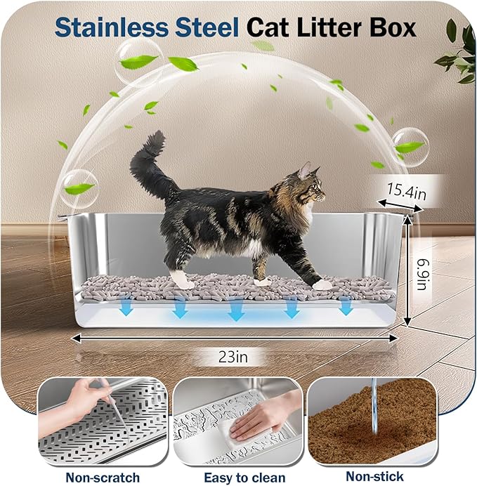 Stainless Steel Sifting Litter Box with Lid, Metal Litter Pan with Scoop for Big Cats Multi Cat, Extra Large Cats Litterbox Odor Control Easy Clean (23 * 15.4 * 6.9inch-Without Enclosure, X-Large)