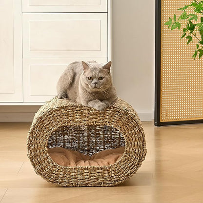 Cat House,Handwoven Cat Cave Pet Cube, Natural Cat Beds Indoor Kitten House with Double-Sided Soft Cushions, Pet Cat House for Multiple Cats, for Living Room Bedroom