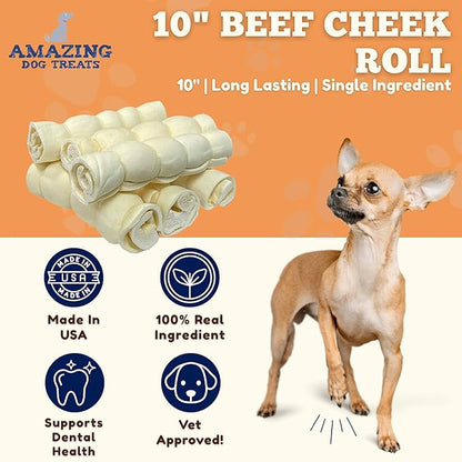 Amazing Dog Treats - Beef Cheek Rolls-(Mega Thick 10" - 6 Pcs) No Hide - Safe Rawhide Alternative Dog Chew - Great for Power Chewers - Long Lasting Dog Chew - No Splinters - Retriever Rolls for Dogs