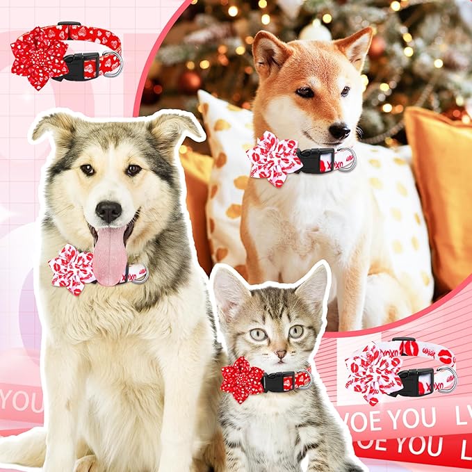 6 Pcs Valentine's Day Dog Collar with Flower Adjustable Valentine's Day Loving Heart Printed Collar for Dogs Holiday Safety Buckle Nylon Dog Collar for Female Male Small Medium Large Pet Dogs(Medium)
