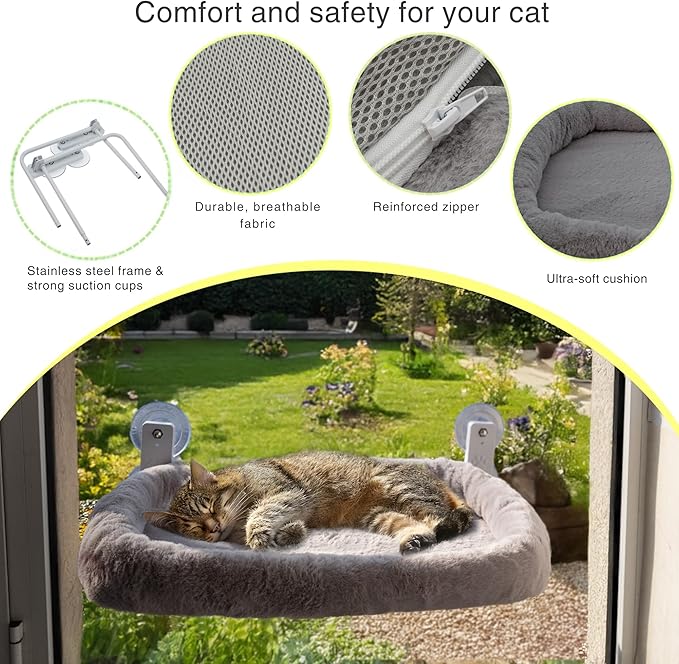 Cat Window Perch with Washable Cushion & Strong Suction – Stable & Cozy Cat Hammock for Window (Holds up to 40 lbs) – Durable Window Bed for Indoor Cats