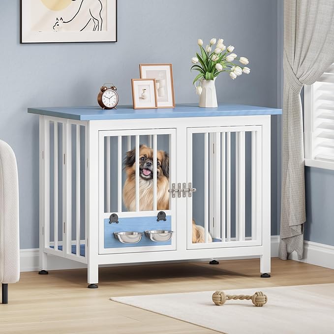 YITAHOME 33" Foldable Dog Crate Furniture, Portable Wooden Kennel End Table with Adjustable Feet & 360° Rotatable Bowls, Perfect for Small to Medium Dogs, Blue