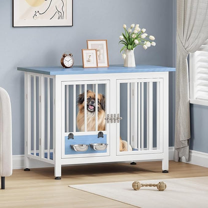 YITAHOME 33" Foldable Dog Crate Furniture, Portable Wooden Kennel End Table with Adjustable Feet & 360° Rotatable Bowls, Perfect for Small to Medium Dogs, Blue