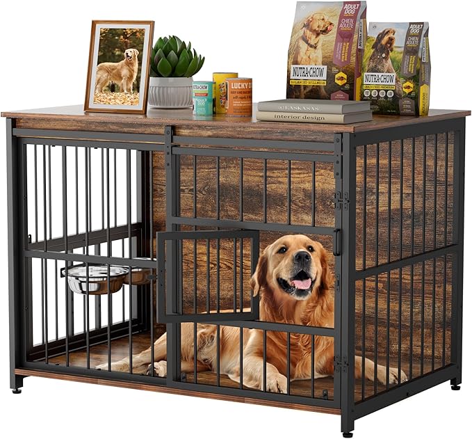 XL Dog Crate Furniture for Large Dogs, Barn Door Dog Crate with Interactive Window for Anxiety Dogs, 360°Rotatable & Elevated Dogs Bowls, Wooden Dog Kennel Furniture, Dog Cage Furniture Indoor