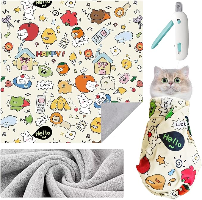 Cat Wrap for Grooming, Self-Adhesive Cat Swaddle Wrap with Nail Clipper, Soft Calming Pet Blanket Anti-Escape Grooming Bag for Cats and Dogs Up to 11lbs (Animal 3)