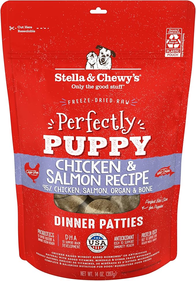 Stella & Chewy's Freeze Dried Raw Dinner Patties  Crafted for Puppies  Grain Free, Protein Rich Perfectly Puppy Chicken & Salmon Recipe  14 oz Bag