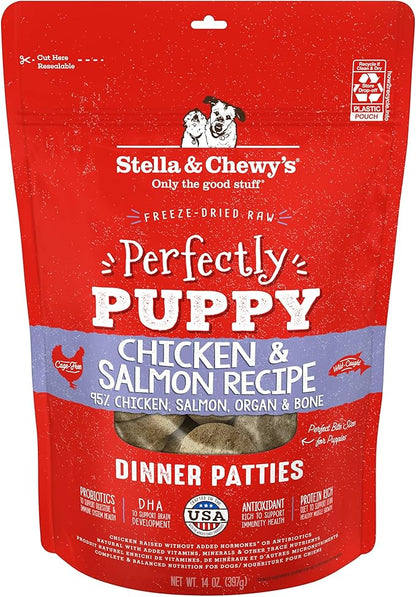 Stella & Chewy's Freeze Dried Raw Dinner Patties  Crafted for Puppies  Grain Free, Protein Rich Perfectly Puppy Chicken & Salmon Recipe  14 oz Bag