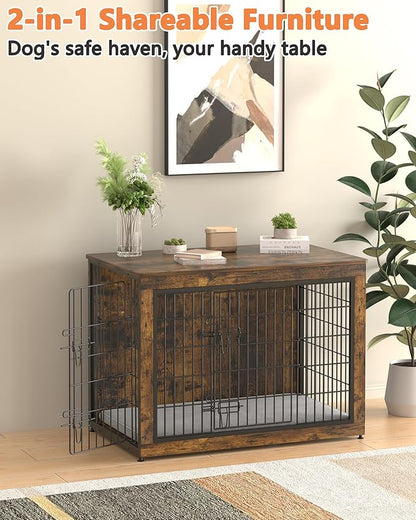 Piskyet Dog Crate Furniture with Cushion,Heavy-Duty Reinforced Metal Mesh,27" Wooden Dog Crate End Table with Double Doors,Indoor Dog Kennel,Dog Cage Side Table for Small Breed,Rustic Brown