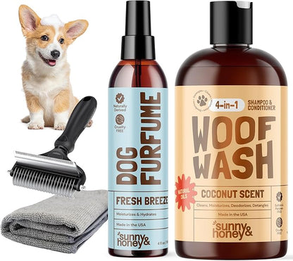 Sunny & Honey Bath Bundle - Dog Shampoo and Conditioner, Perfume, Brush for Shedding & Microfiber Towel - Moisturize & Detangle - Dog Wash & Cologne Spray (Coconut Shampoo 16oz & Breeze Perfume 8oz)