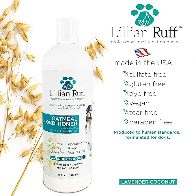 Lillian Ruff Calming Oatmeal Pet Conditioner for Dry Skin & Itch Relief with Aloe & Hydrating Essential Oils - Replenish Moisture & Deodorize - Dog Conditioner for Normal/Sensitive Skin (16oz & Brush)