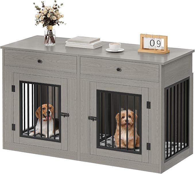 YITAHOME 60" Wooden Dog Crate Furniture with Removable Divider & Storage Drawers, Double Door Kennel with Locks for Medium and Large Dogs, Multi-Functional Dog Crate End Table for Indoor use, Grey